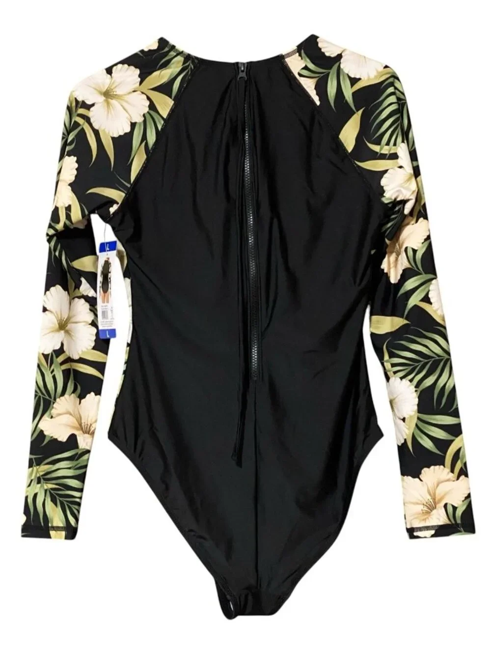 Hurley Womens L Black Floral Long Sleeve One Piece Swimsuit UPF 50 Surf